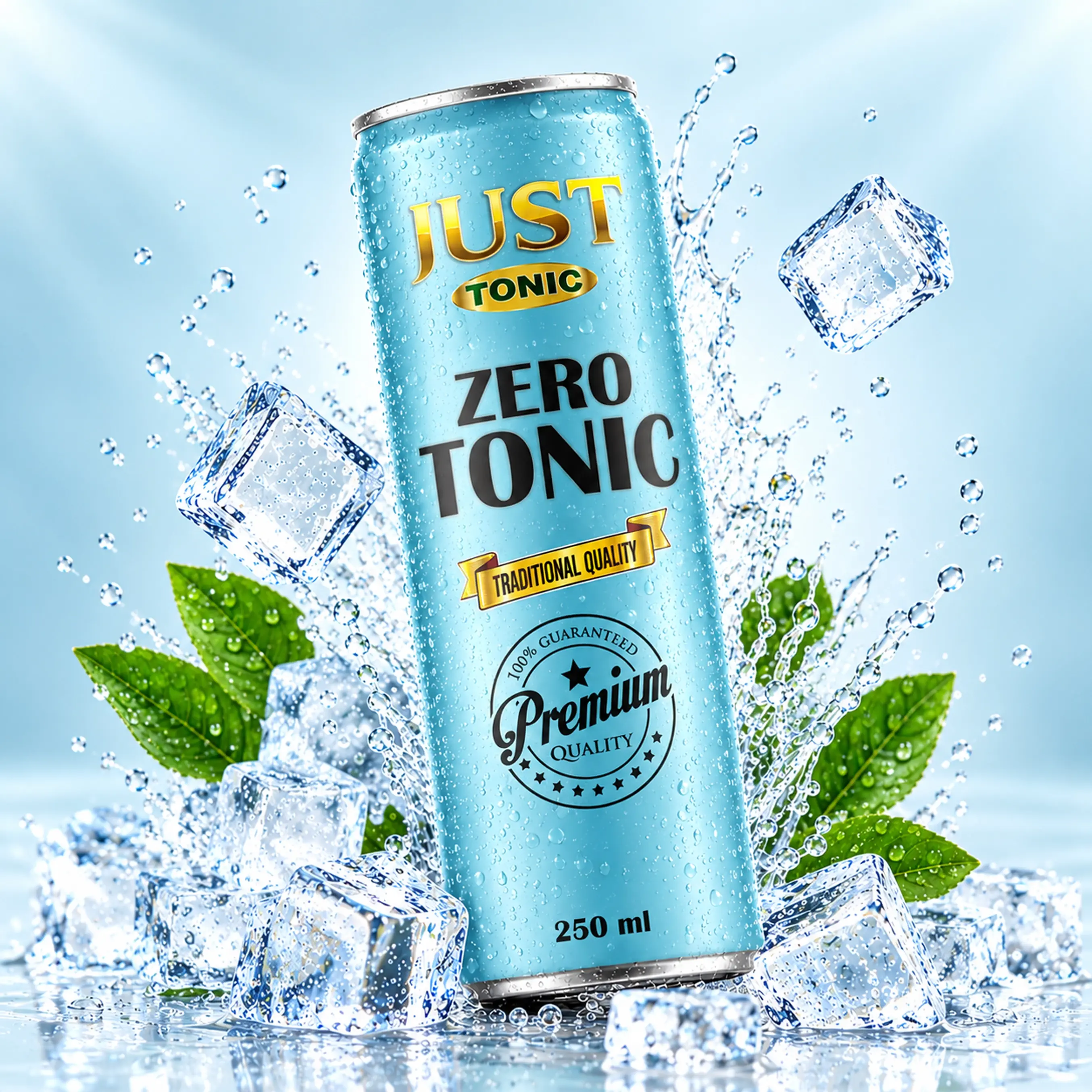 JUST Tonic Zero Tonic 250ml can surrounded by ice cubes, green leaves, and crisp water splashes.
